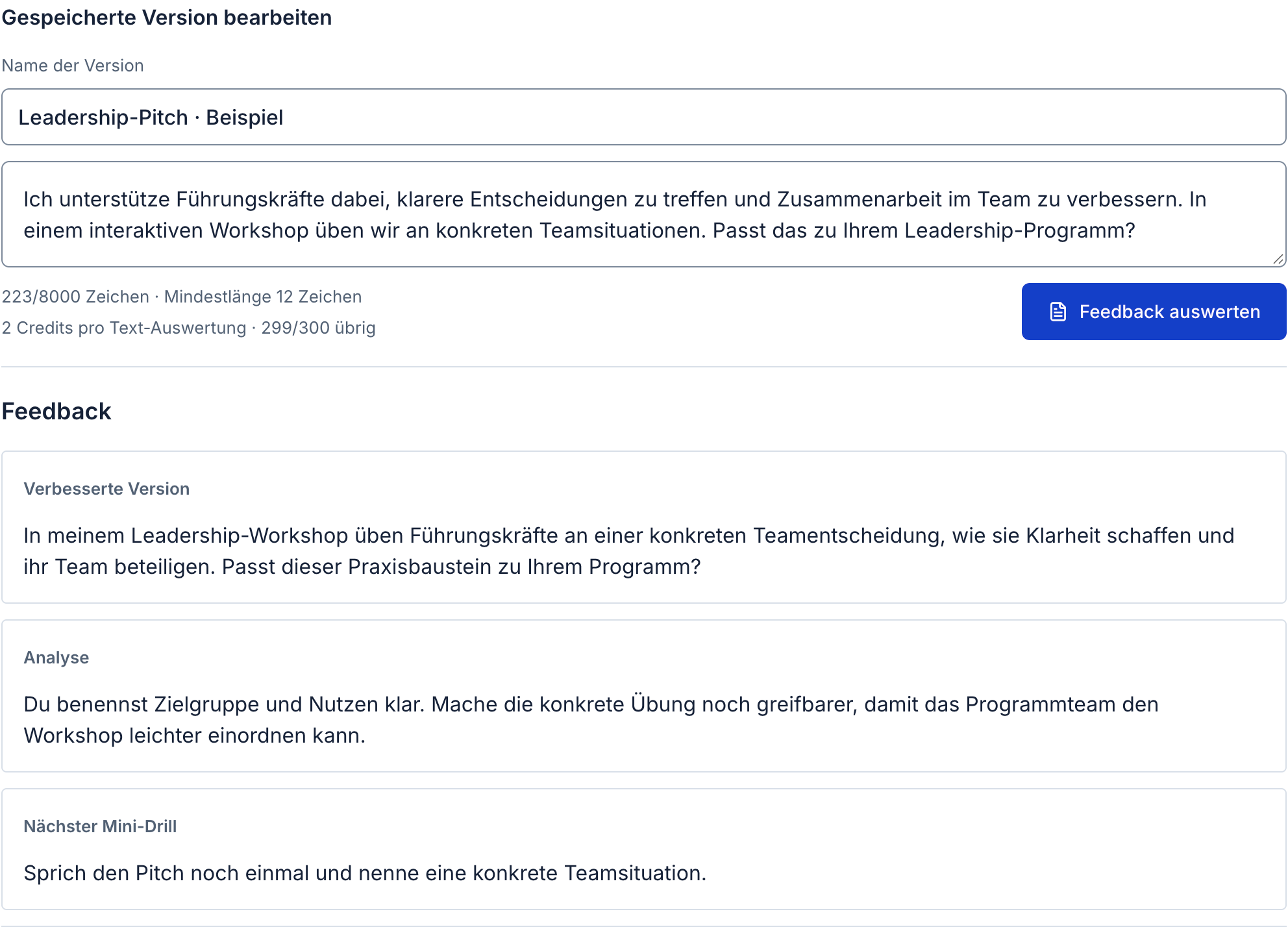 Gespeicherte Leadership-Textübung mit vollständiger Textversion, verbesserter Formulierung und vorbereitetem Feedback: eine konkrete Teamentscheidung als Workshop-Beispiel nennen.