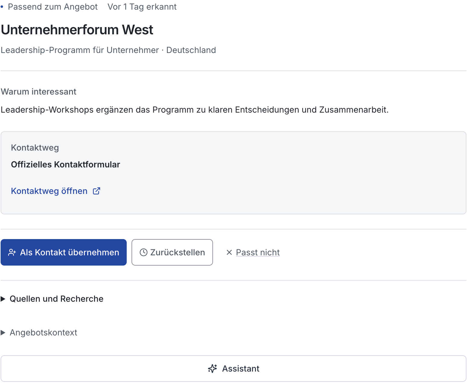 Unternehmerforum West mit Angebotsbezug, Kontaktformular und der Aktion Als Kontakt übernehmen. Quellen sind aufklappbar.